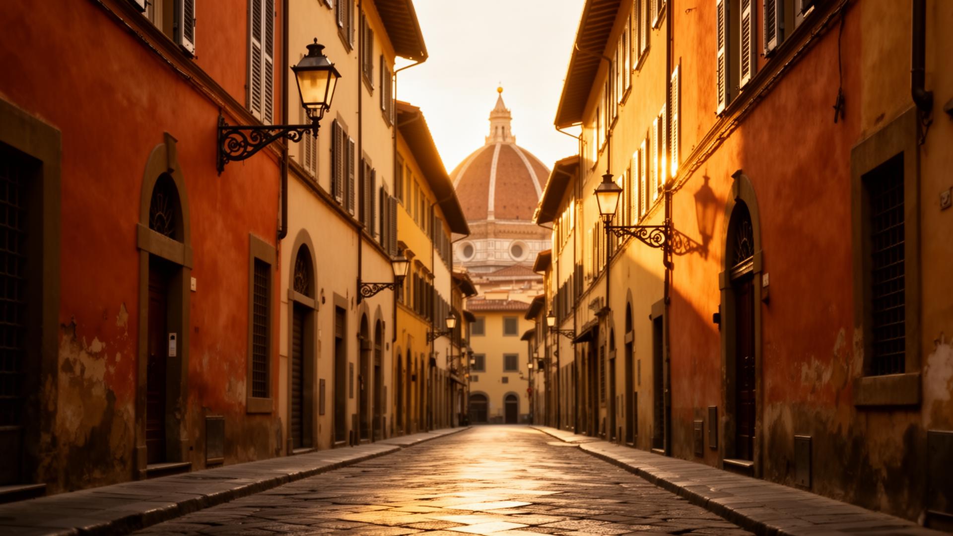 Strada storica di Firenze al tramonto con il Duomo sullo sfondo